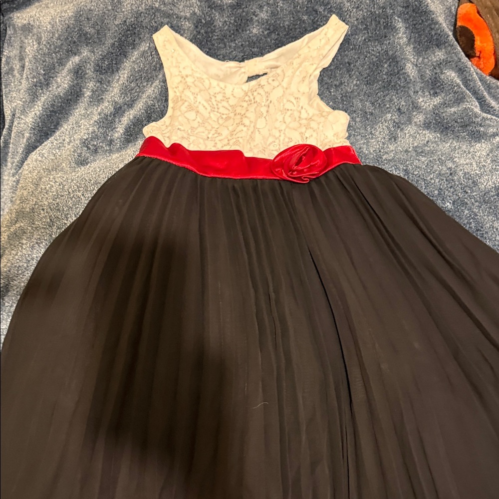 Emily West Black Dress with White Lace and Red Sash